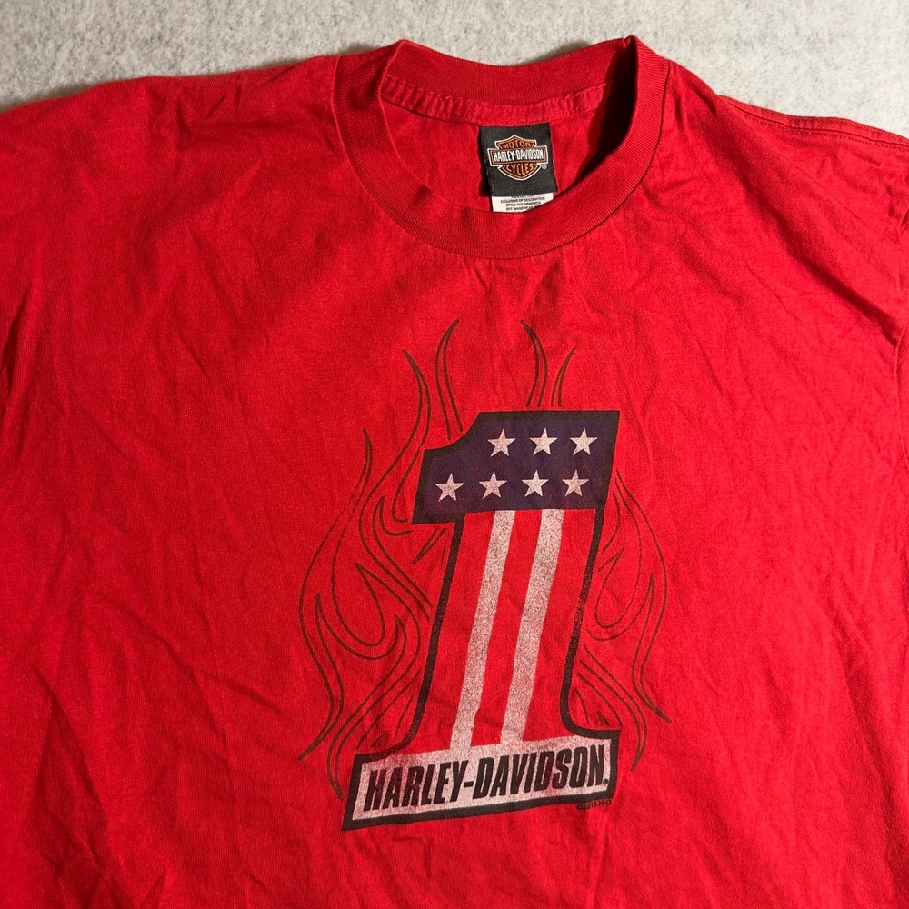 Harley Davidson Mens XL Red Flames USA T-Shirt Yakima WA Stars Stripes #1 2010